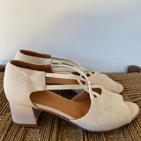 Anthropologie Shoes Women’s 36 Naguisa Yerma Natural Linen Peep Toe Sandals Heel - Picture 2 of 11
